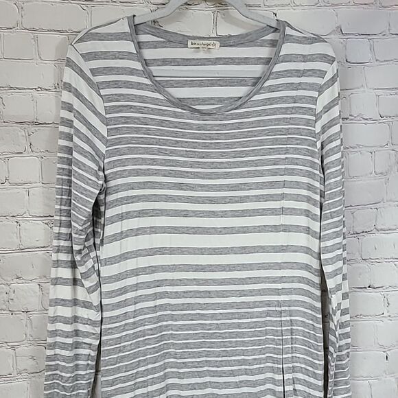 Love on a Hanger M/L Grey Striped Maxi Top Long Side Slit Tunic Casual Tee Shirt - Picture 4 of 12